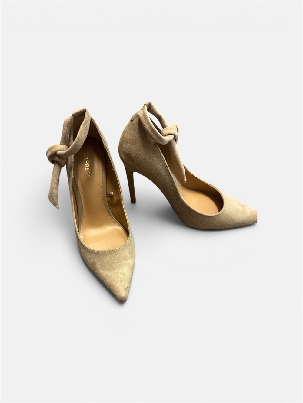 Express Beige Suede Pointed-Toe Stiletto Heels with Ankle Tie